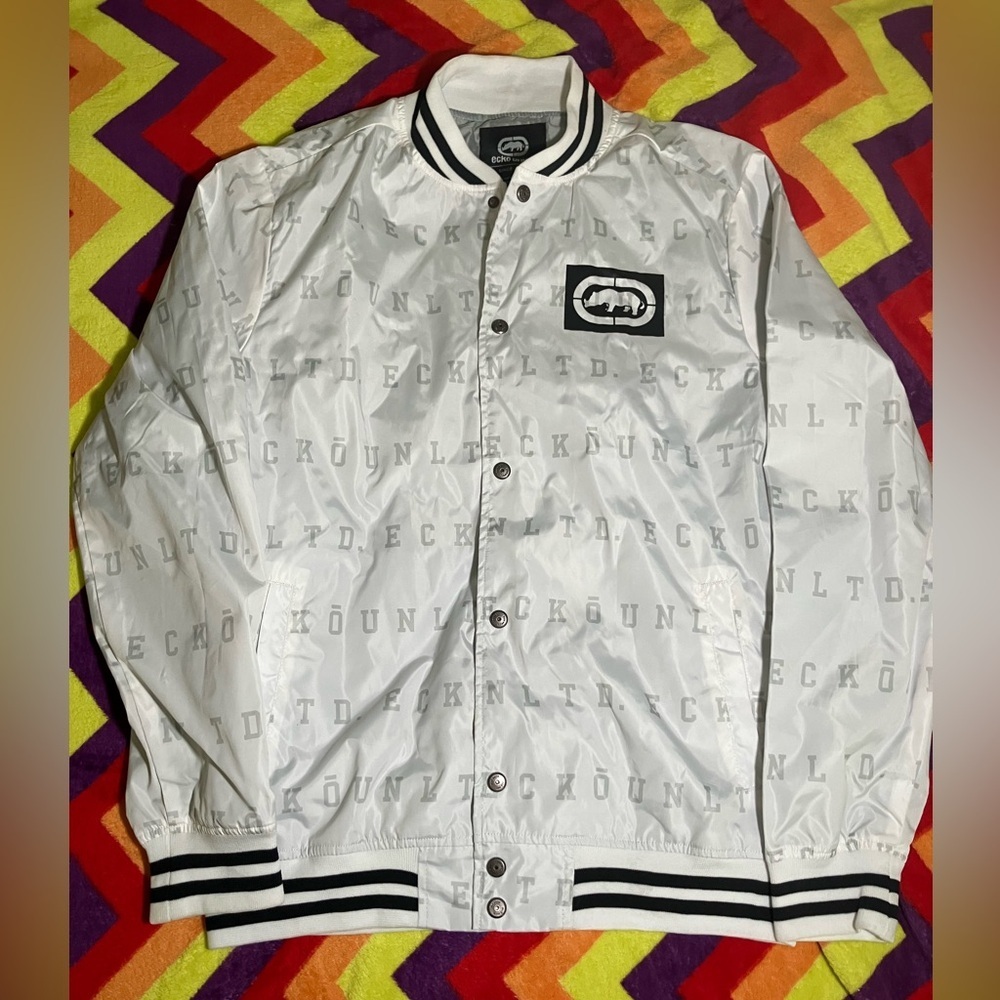 VINTAGE Ecko Jacket Adult M White Snap Front Windbreaker Allover Print Y2K